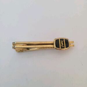 Yves Saint Laurent YSL Gold Tone Tie Clip Bar with Enamel Logo Accent Vintage
